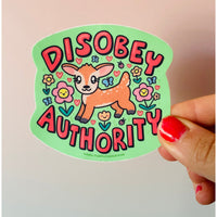 Disobey Authority waterproof vinyl sticker featuring a cute deer surrounded by flowers