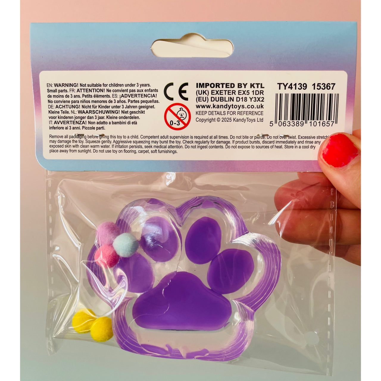 Purple Squeezos Glitter Cat Paw with Bobbles sensory fidget toy