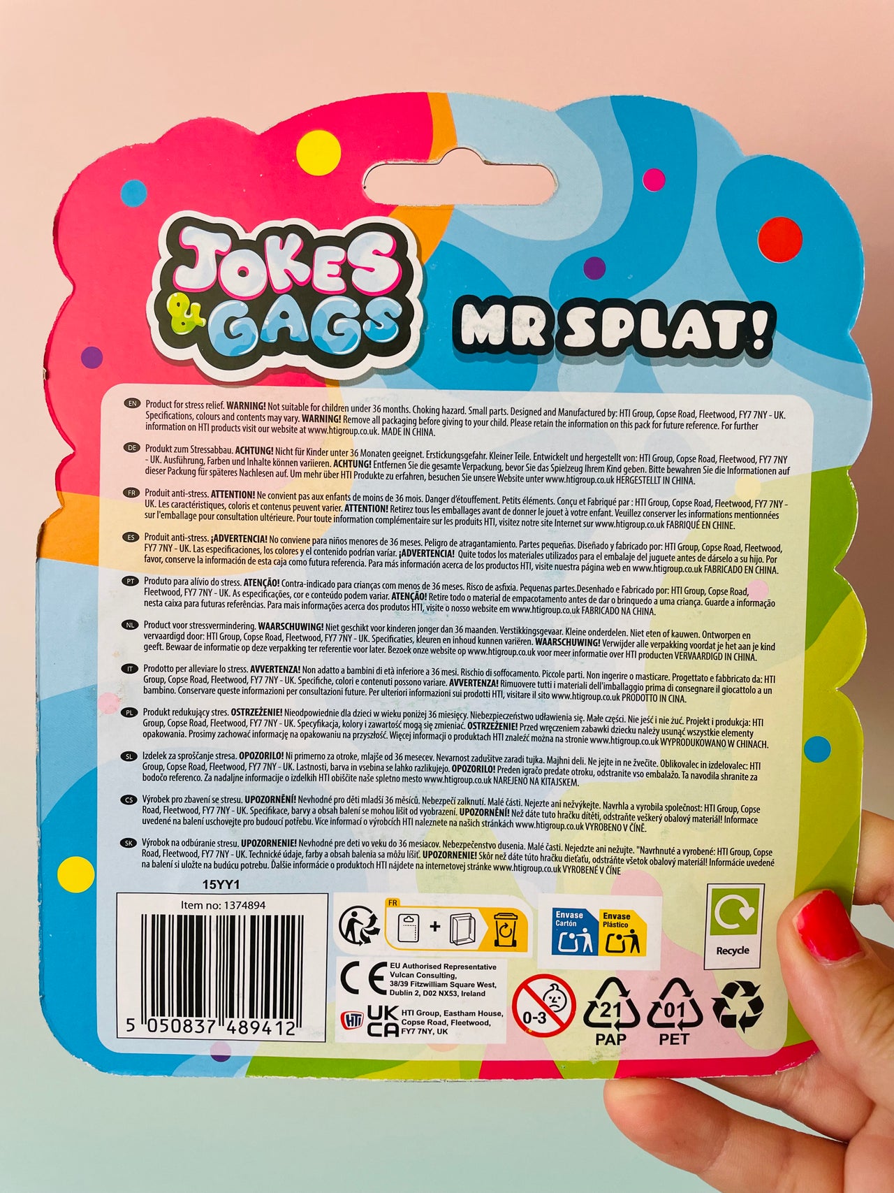 Back view of Pink Mr Splat! novelty sensory toy