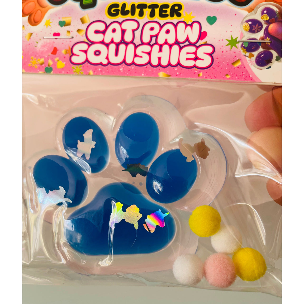 Blue Squeezos Glitter Cat Paw with Bobbles sensory fidget toy