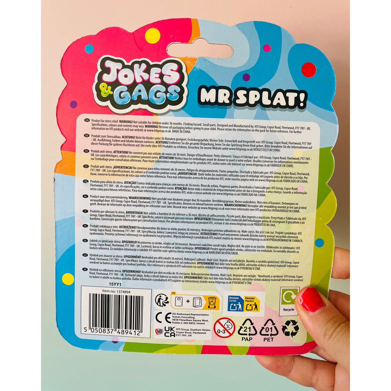 Back view of Green Mr Splat! squishy sensory toy