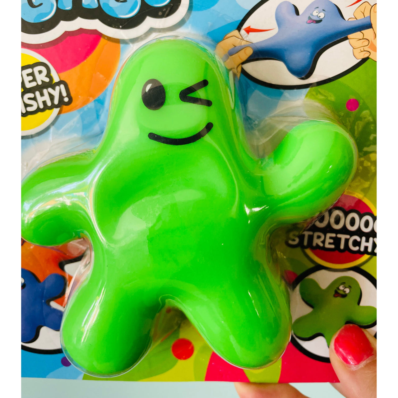 Close-up of Green Mr Splat! stretchy squishy toy