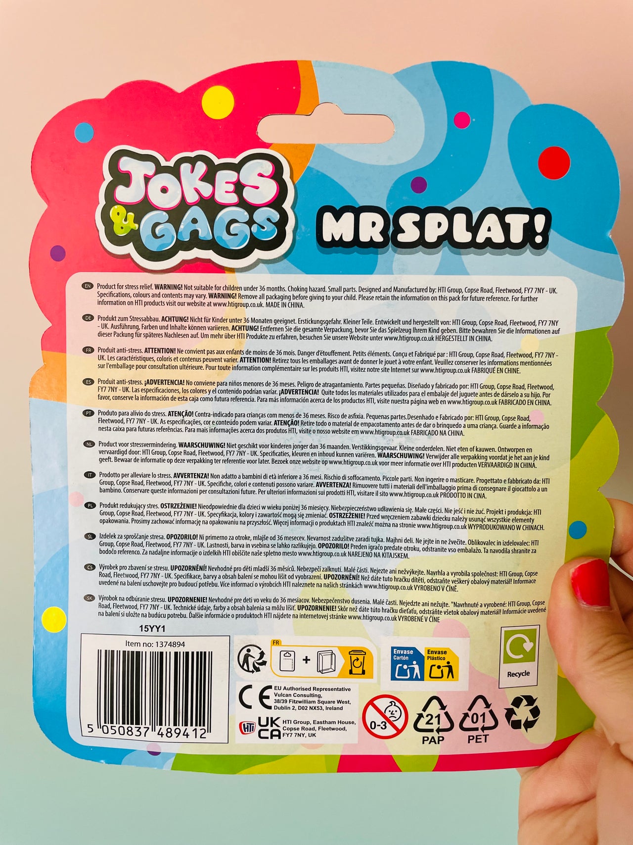 Back view of Yellow Mr Splat! squishy sensory toy