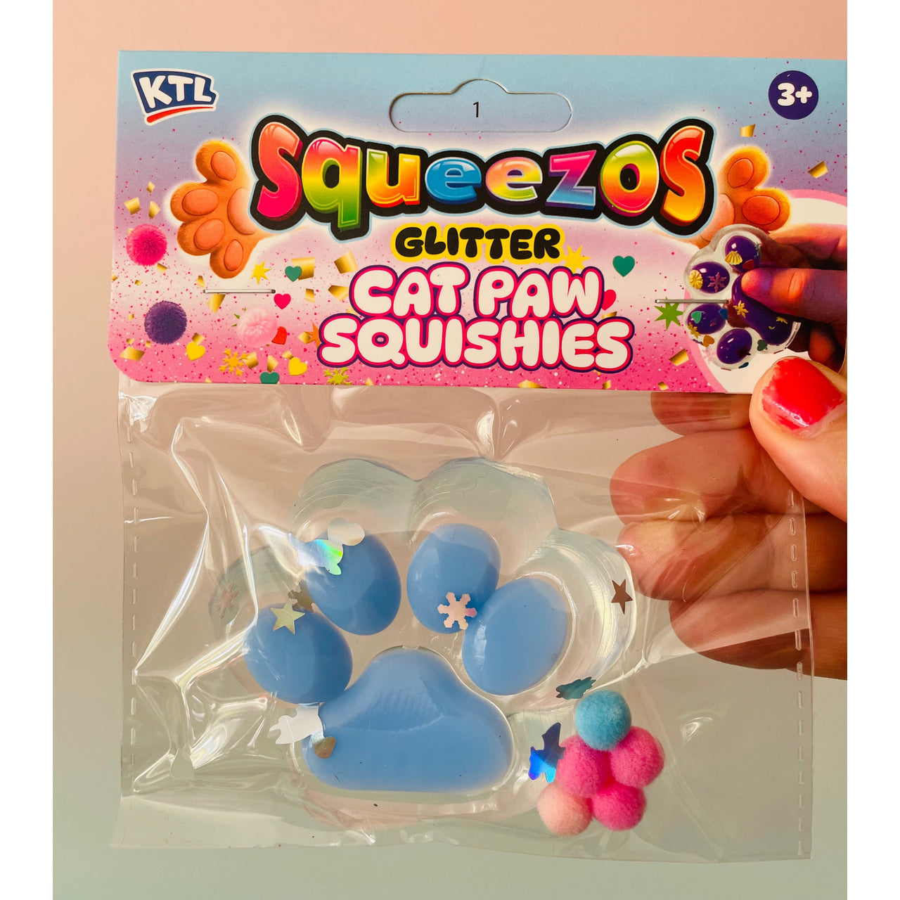 Light Blue Squeezos Glitter Cat Paw with Bobbles sensory fidget toy
