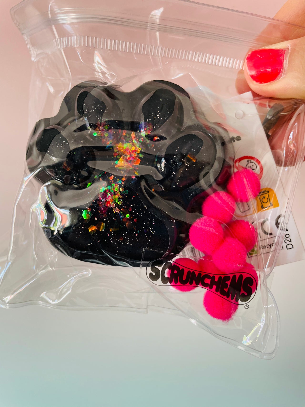 Black Scrunchems Sticky Squishy Paw Print with glitter and sensory beads
