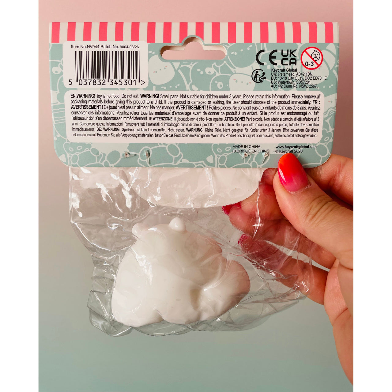 Jelli Squishy Pets Taba White Hamster with Cheese Squishy Toy by Keycraft UK Backside with Safety Warnings