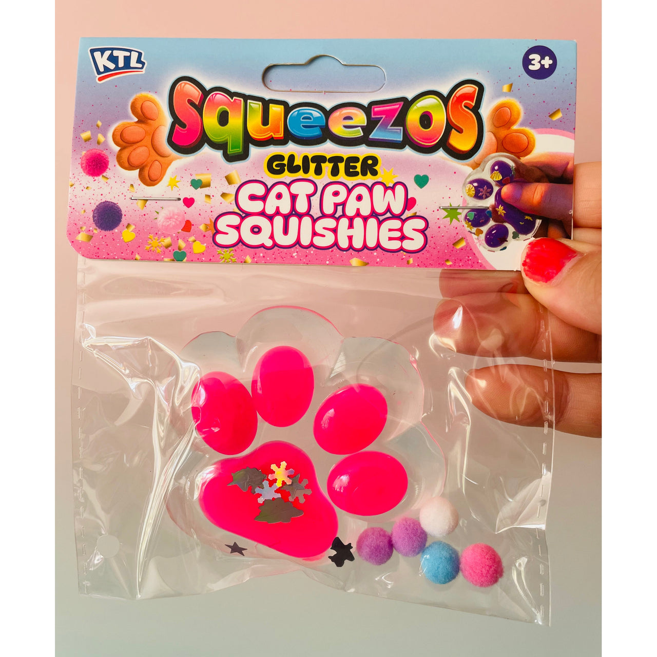 Pink Squeezos Glitter Cat Paw with Bobbles sensory fidget toy