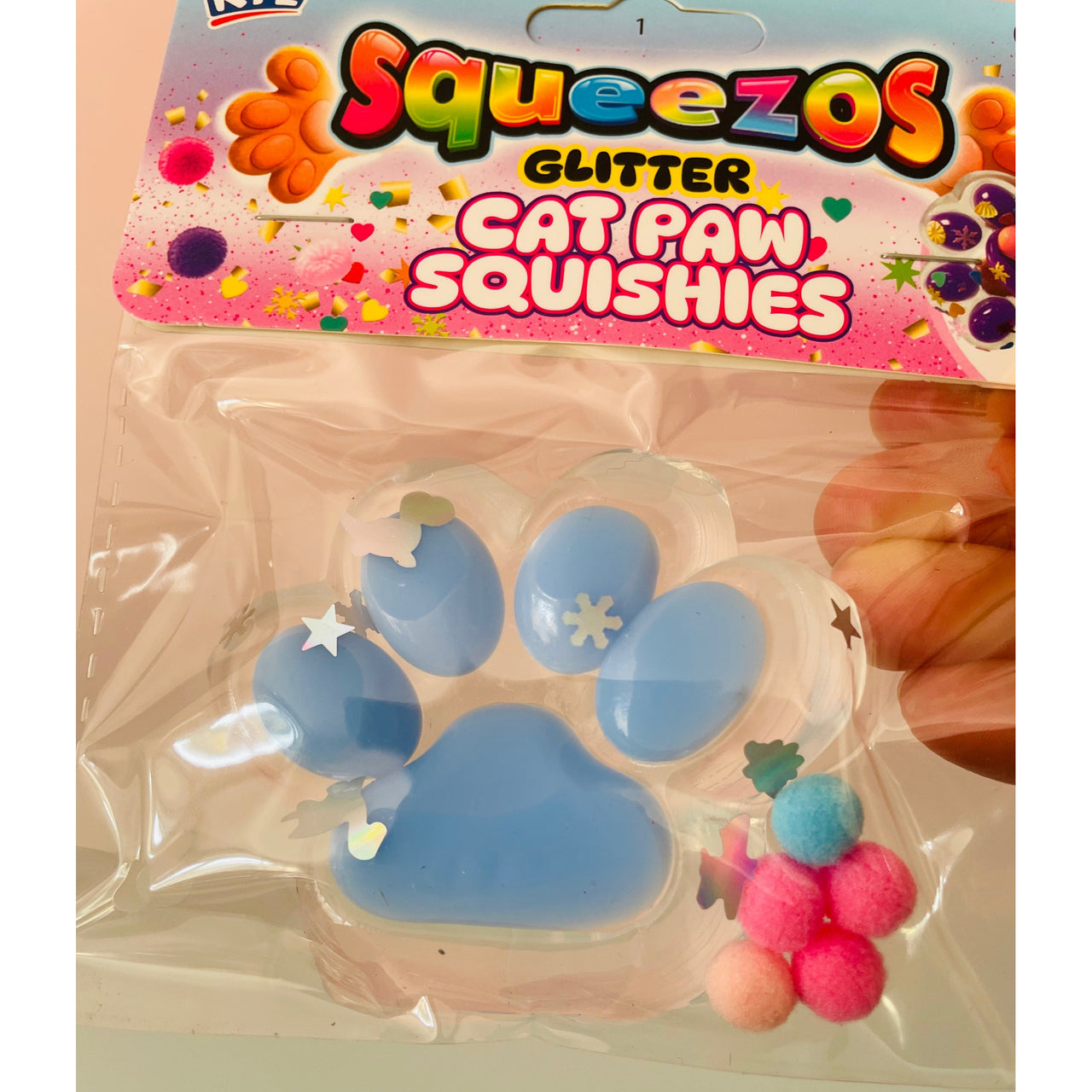 Light Blue Squeezos Glitter Cat Paw with Bobbles sensory fidget toy