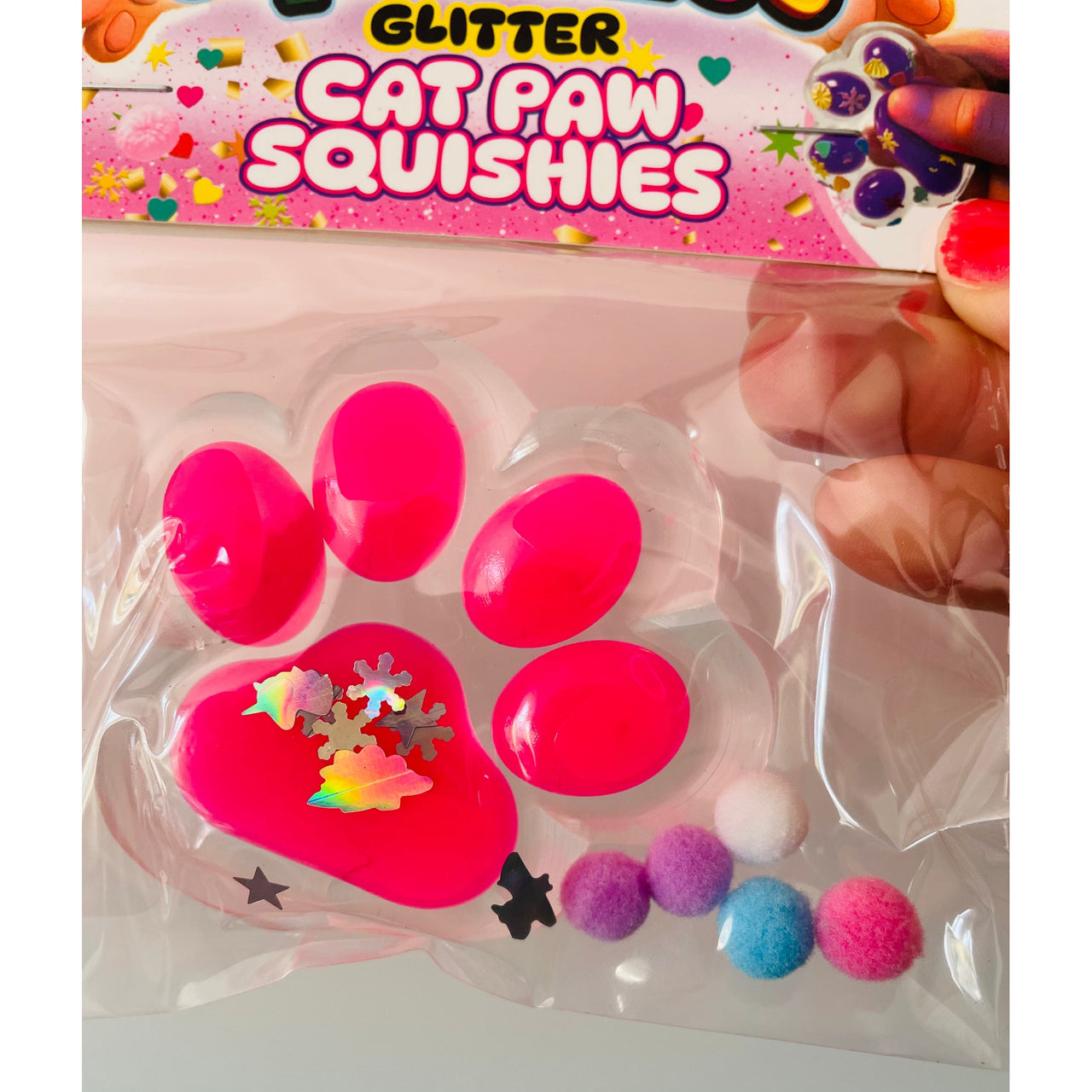 Pink Squeezos Glitter Cat Paw with Bobbles sensory fidget toy