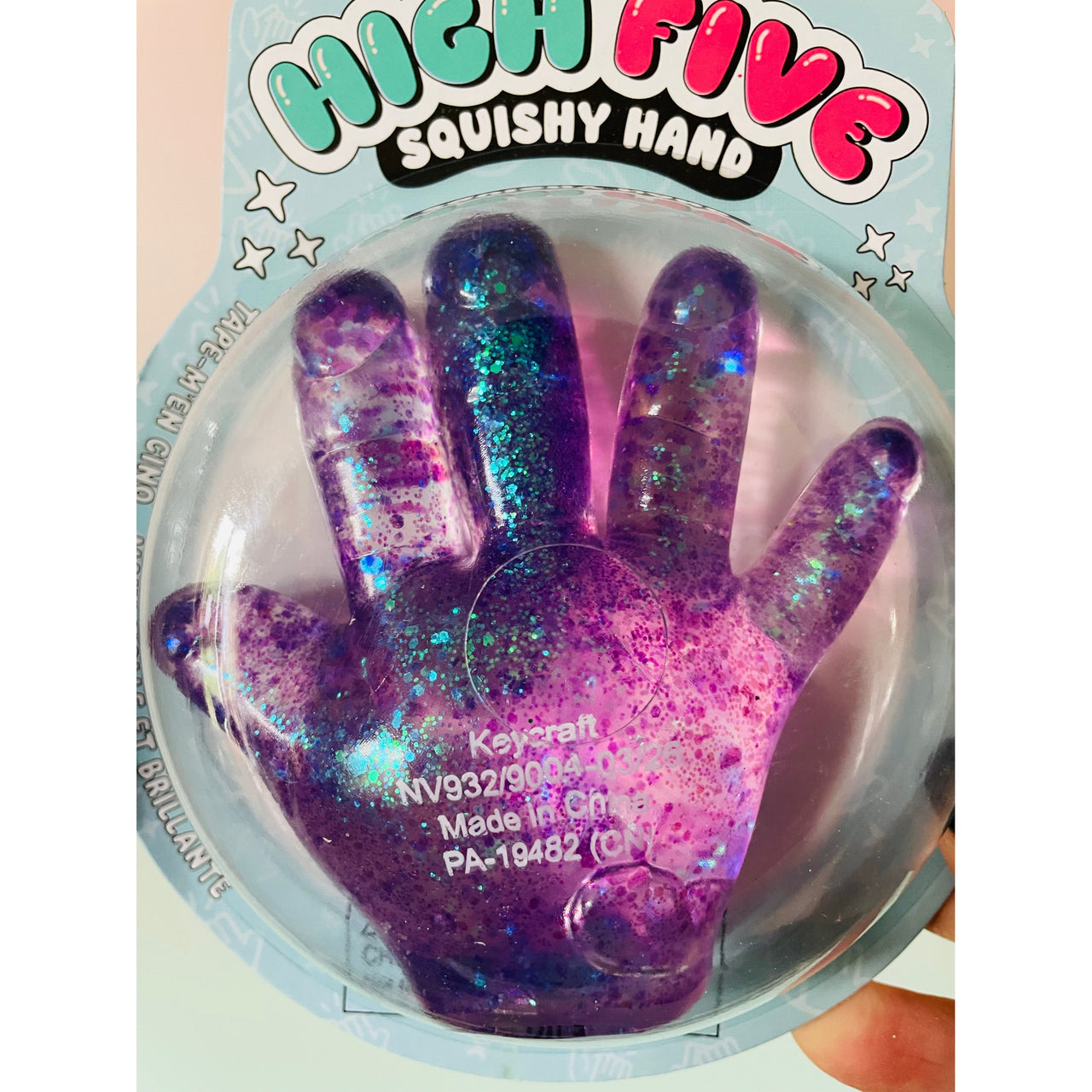 Purple Sparkly Squishy High Five Hand sensory toy UK