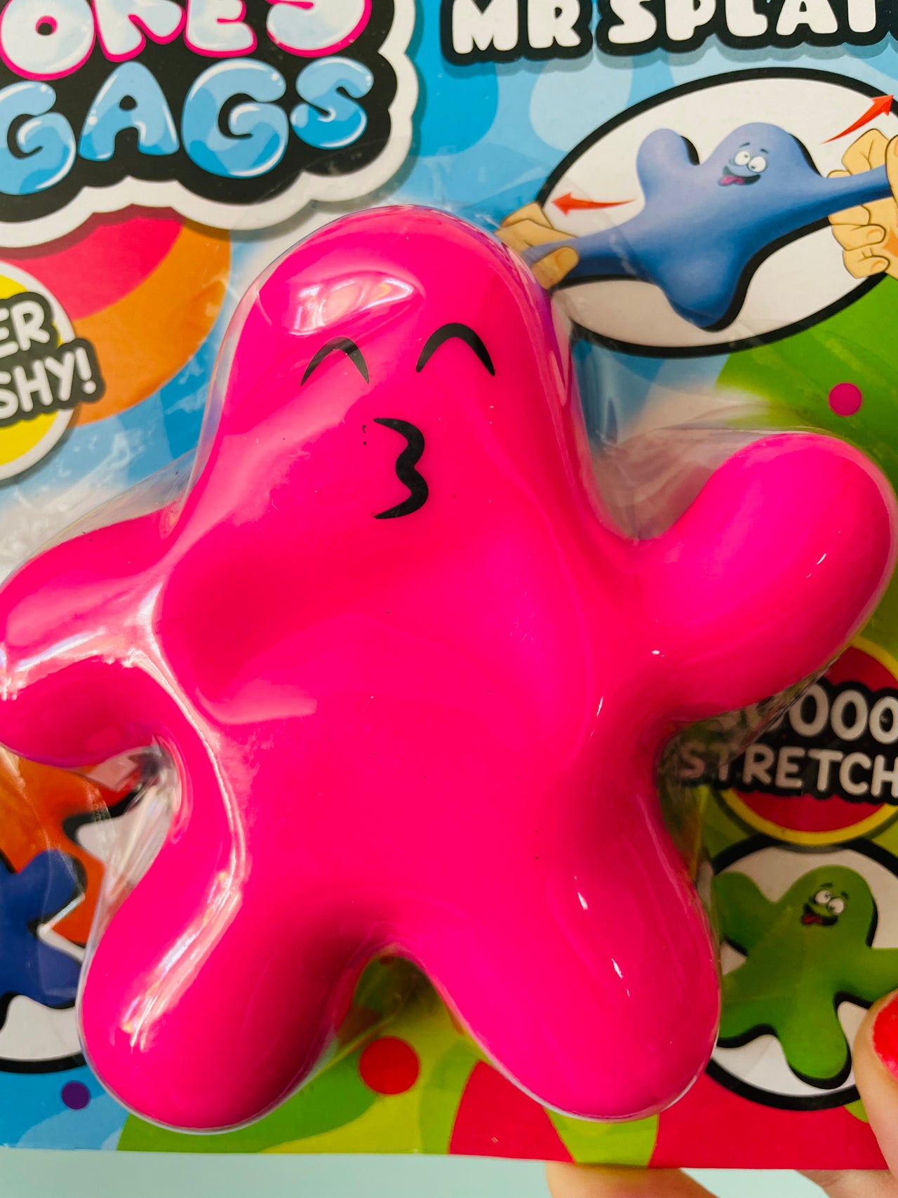 Close-up of the Pink Mr Splat! stretchy squishy fidget toy