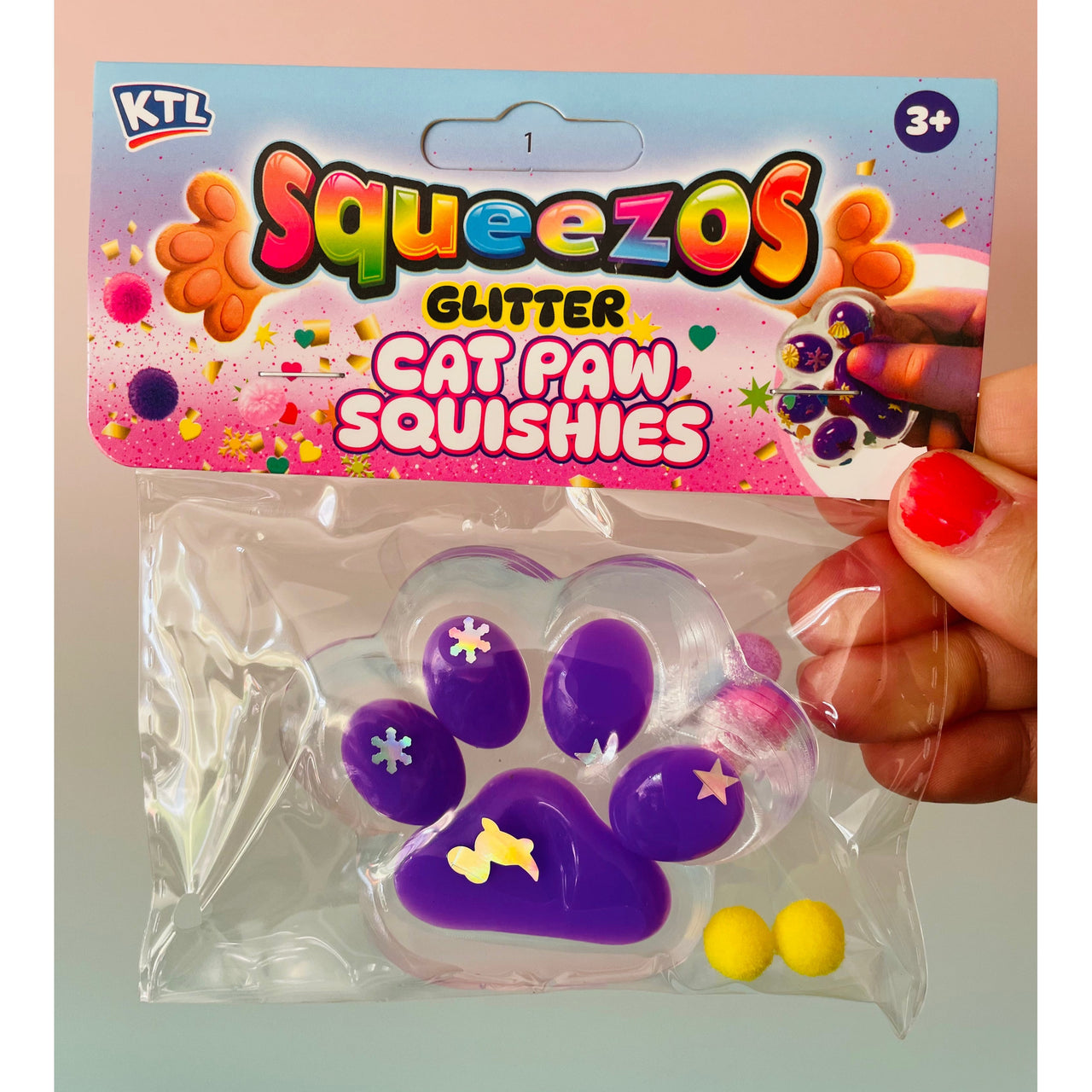 Purple Squeezos Glitter Cat Paw with Bobbles sensory fidget toy